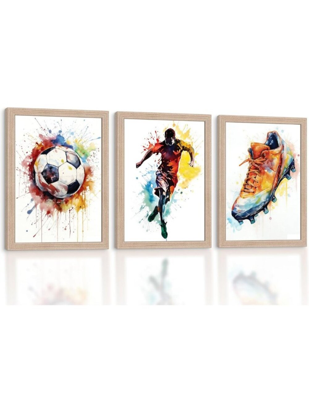 Soccer Wall Art Set - 3 Piece Watercolor Sports Decor, 12x16 Inch Framed Prints